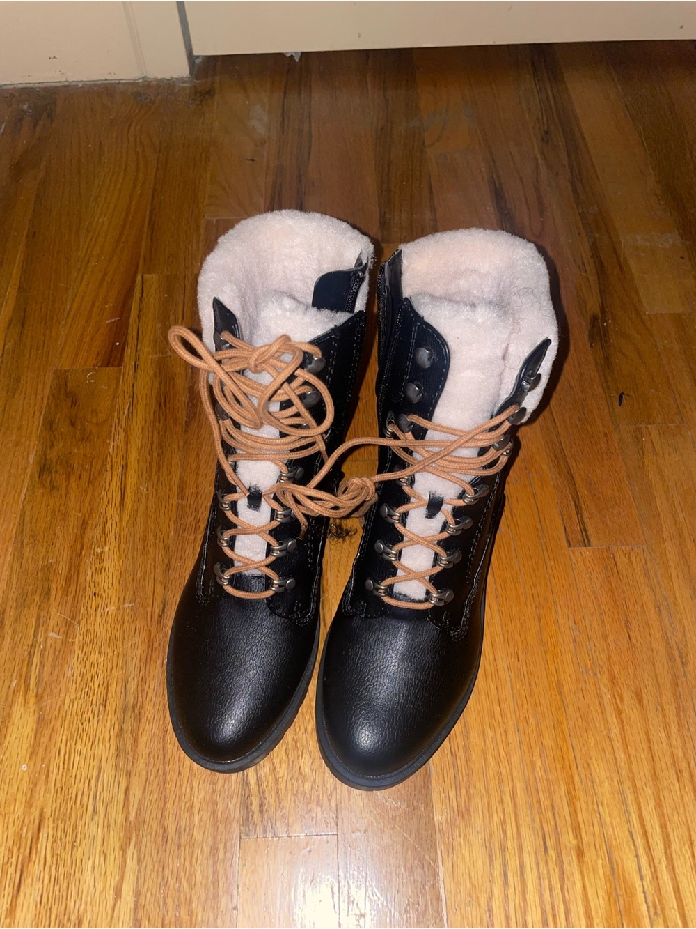 Indigo Black Lace-Up Faux Leather Boots with Tan Laces and Cream Shearling